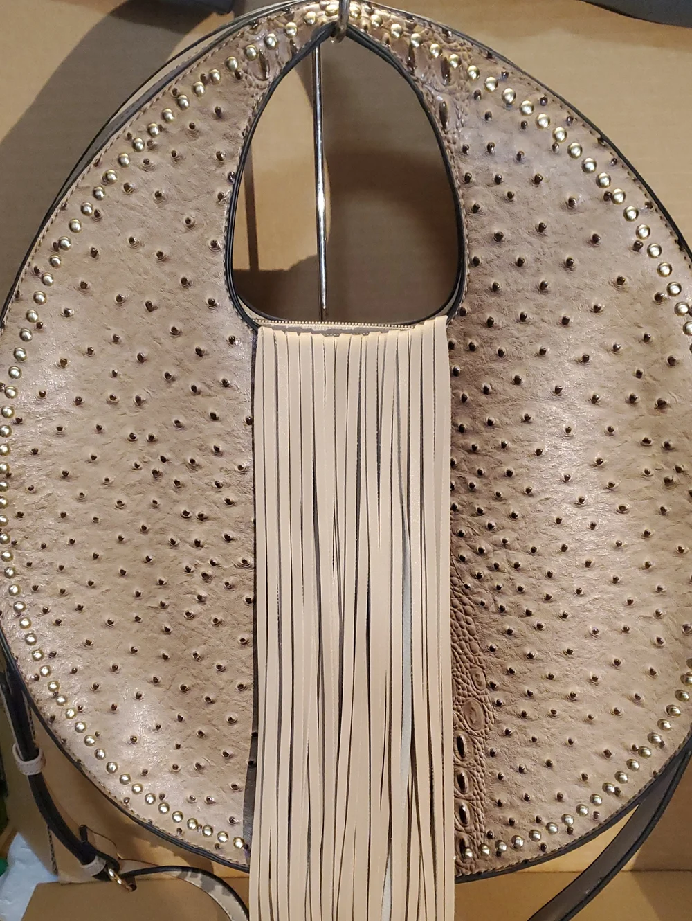 Fringed Beige Ostrich-Texture Hobo Shoulder Bag